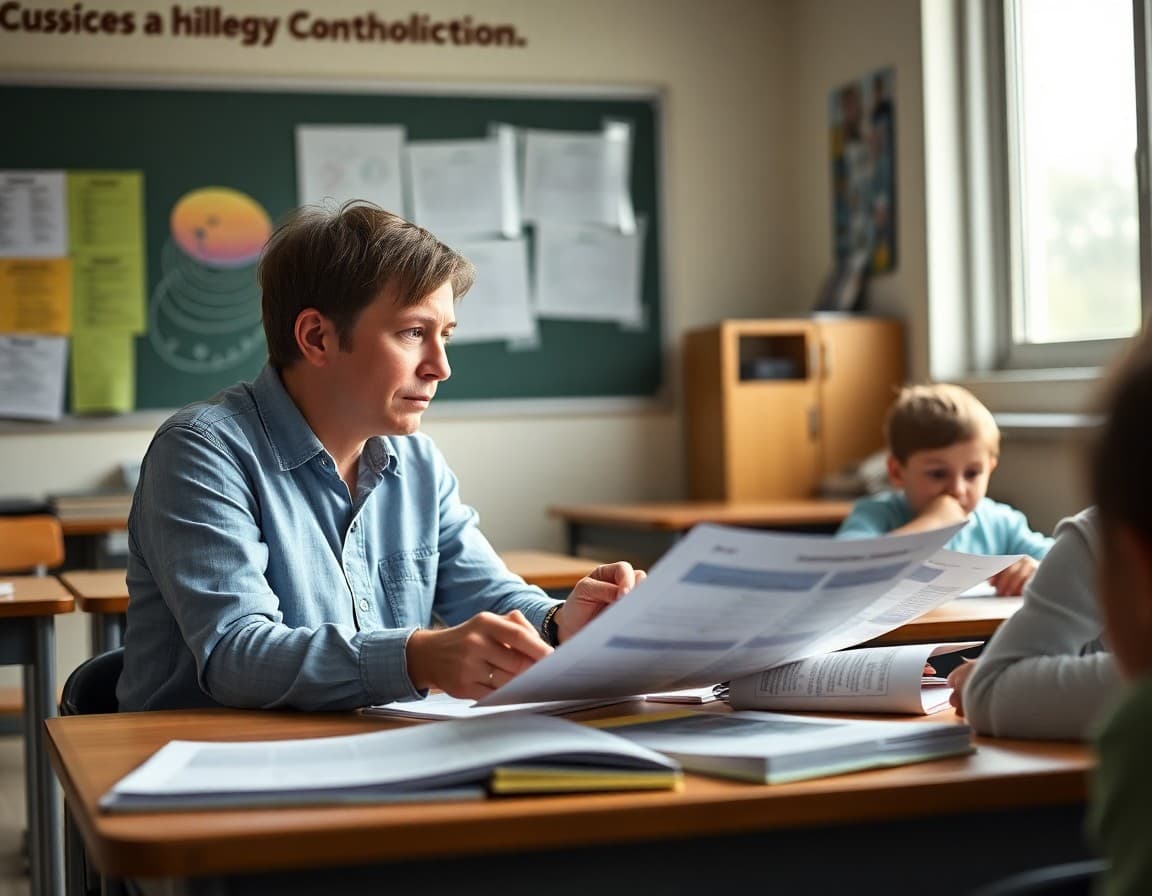Teacher reviewing new curriculum materials in a classroom with student workbooks on the desk