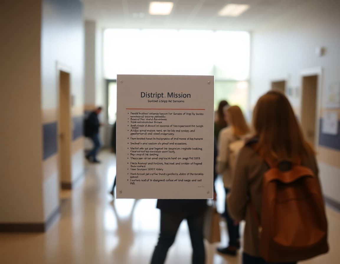 A printed district vision and mission document displayed in a school lobby