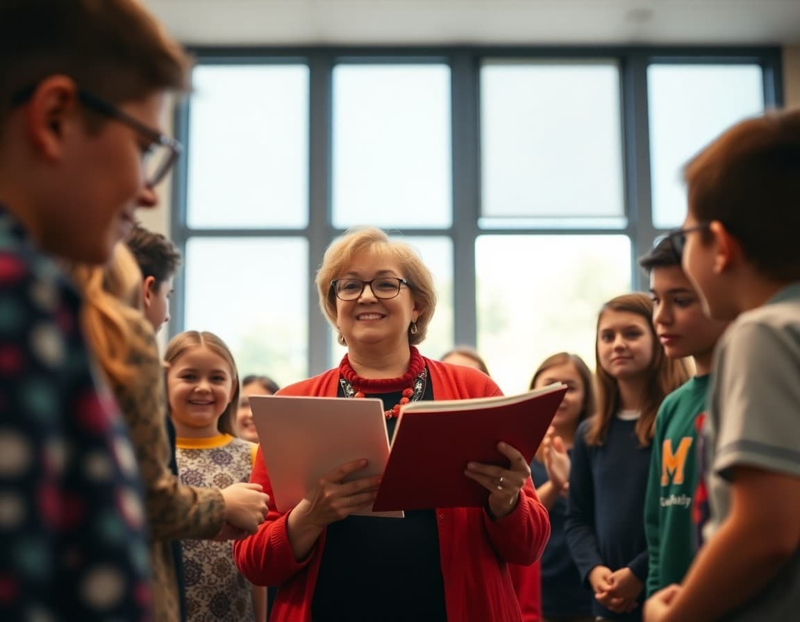 Recognized educator surrounded by students and colleagues during a recognition ceremony at a school assembly