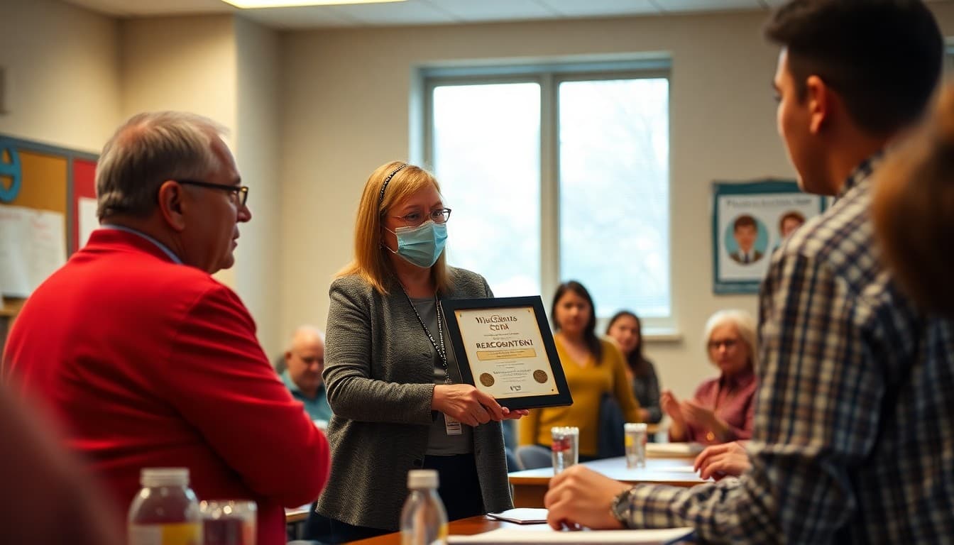 School board president presenting an educator recognition award to a teacher at a public board meeting