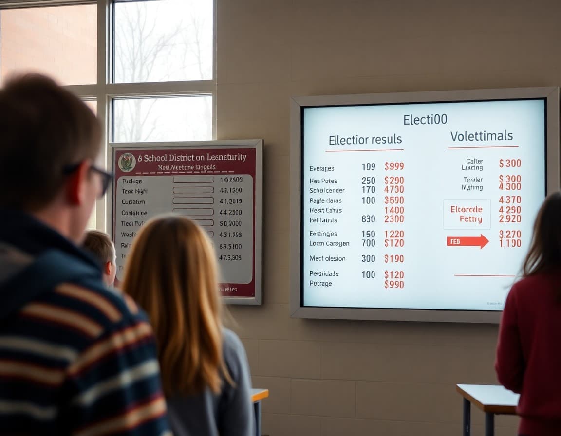 Election results posted on a community board with school district logo and vote totals visible