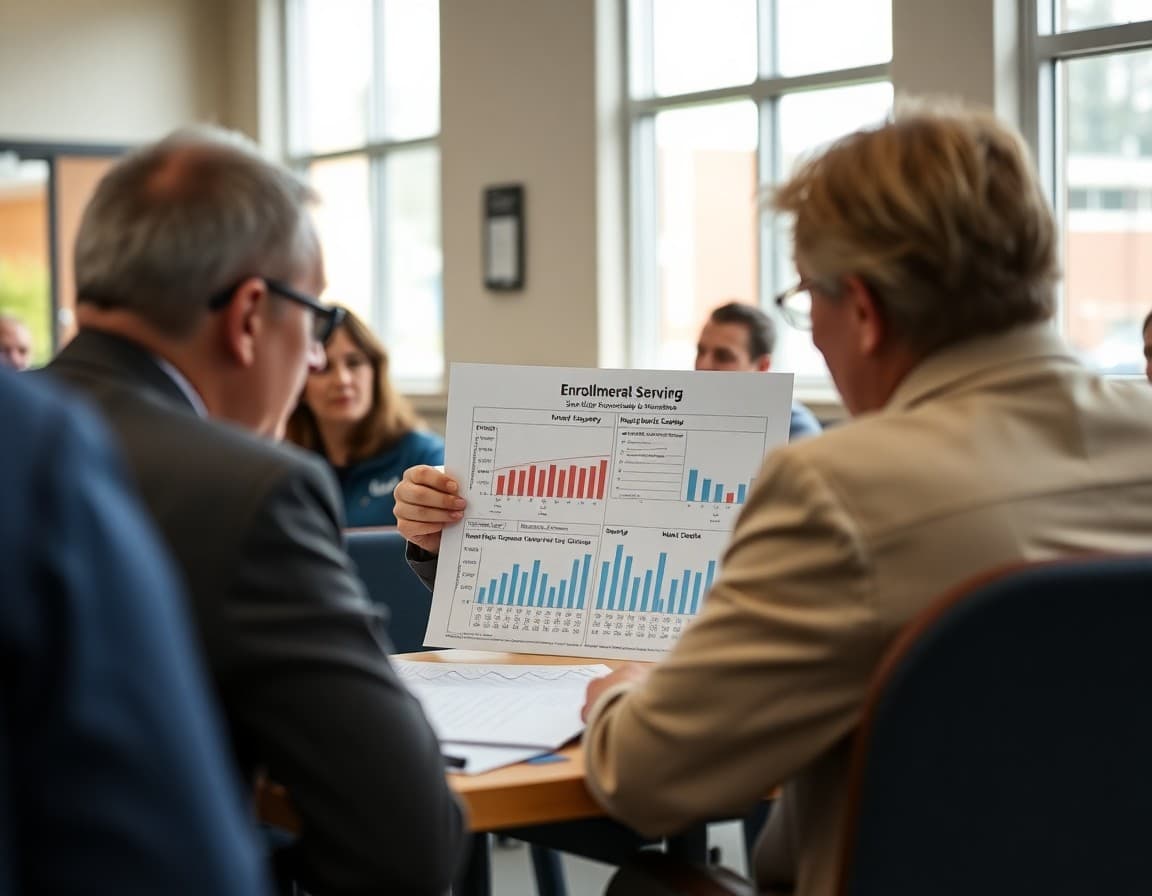 School board members reviewing enrollment data charts and building capacity analysis at a strategic planning session