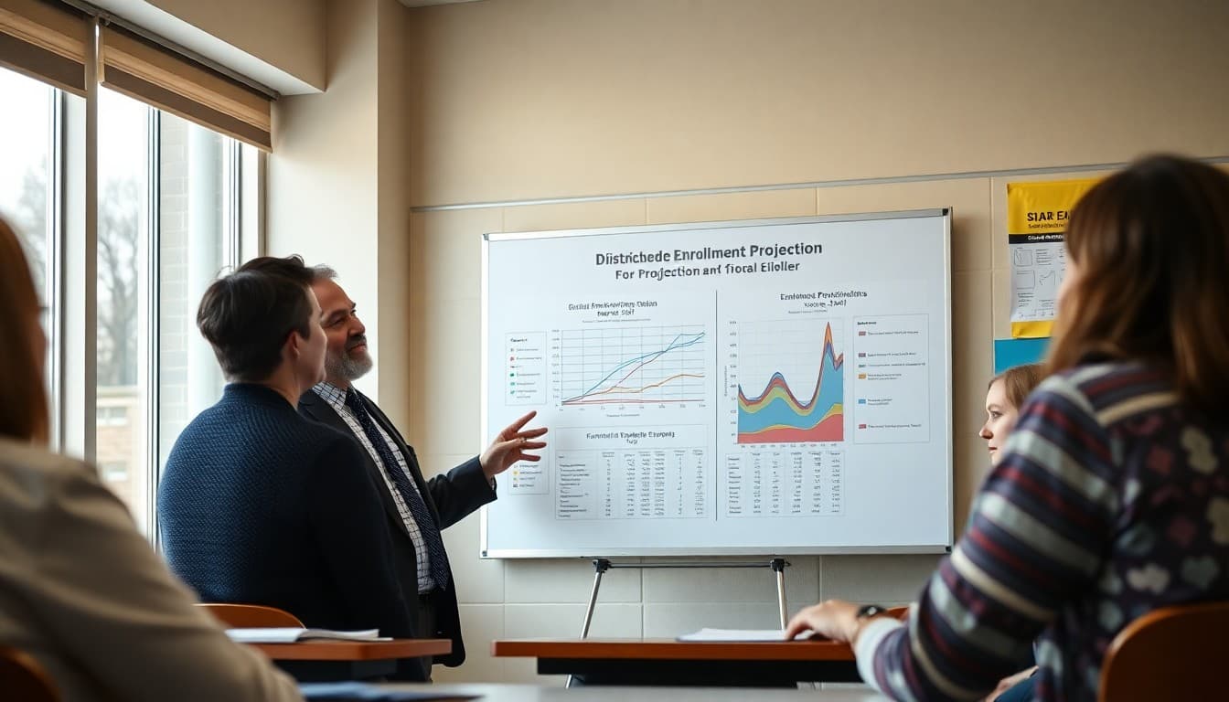District demographer presenting enrollment projection charts and population trend maps to school board members