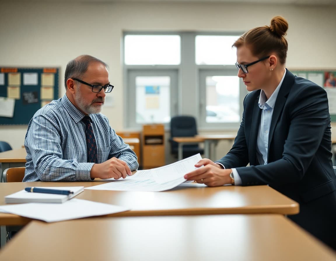 School principal reviewing classroom capacity data with a district enrollment planner at a school desk