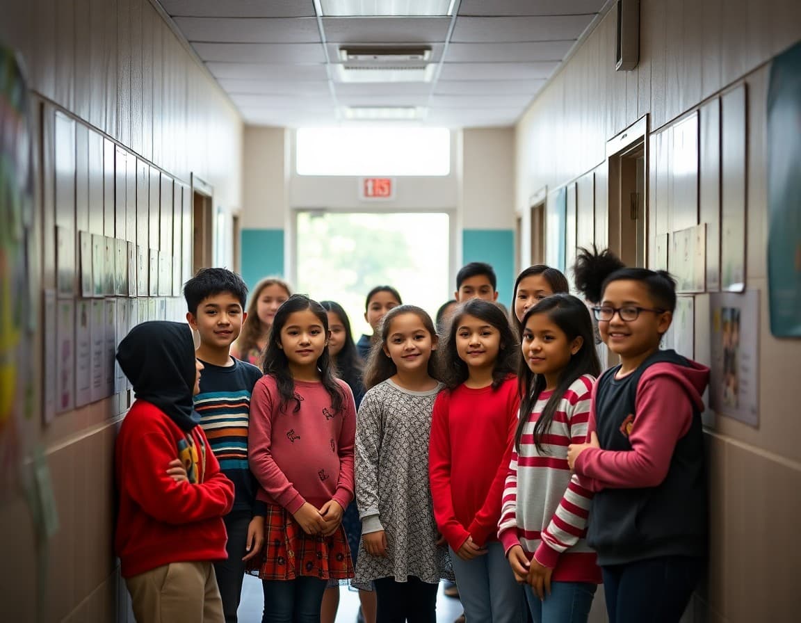 Diverse group of students and teachers gathered in a school hallway representing the community the resolution serves