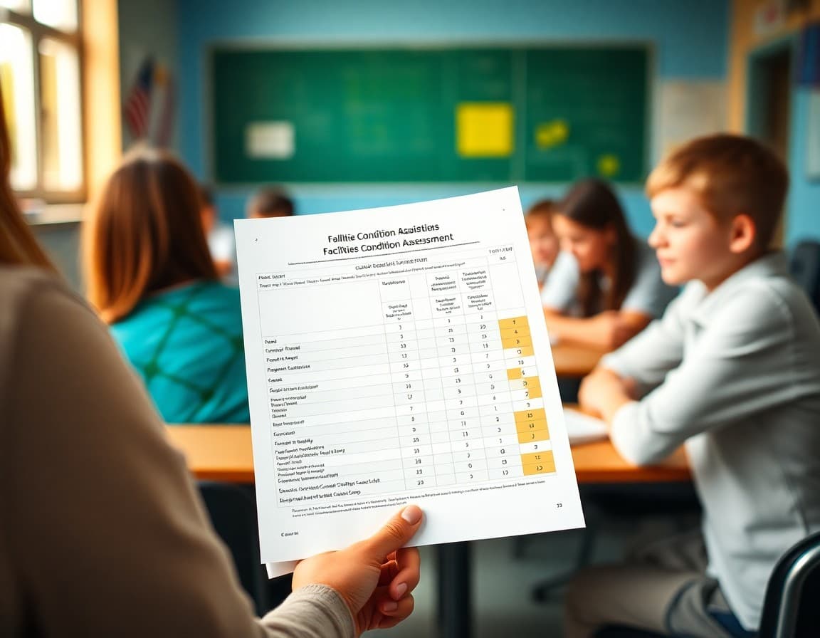 A facilities condition assessment report with school building ratings on a table