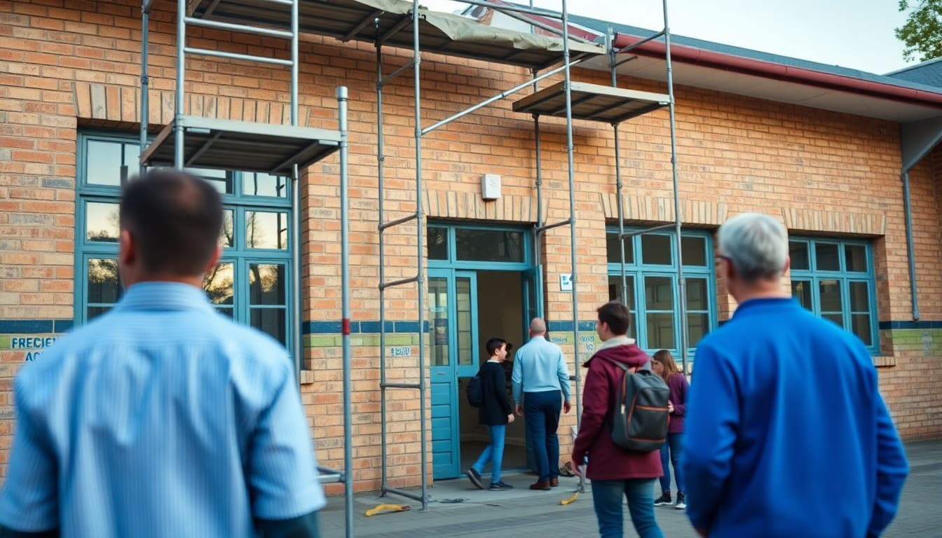 A school building exterior with scaffolding and renovation work in progress