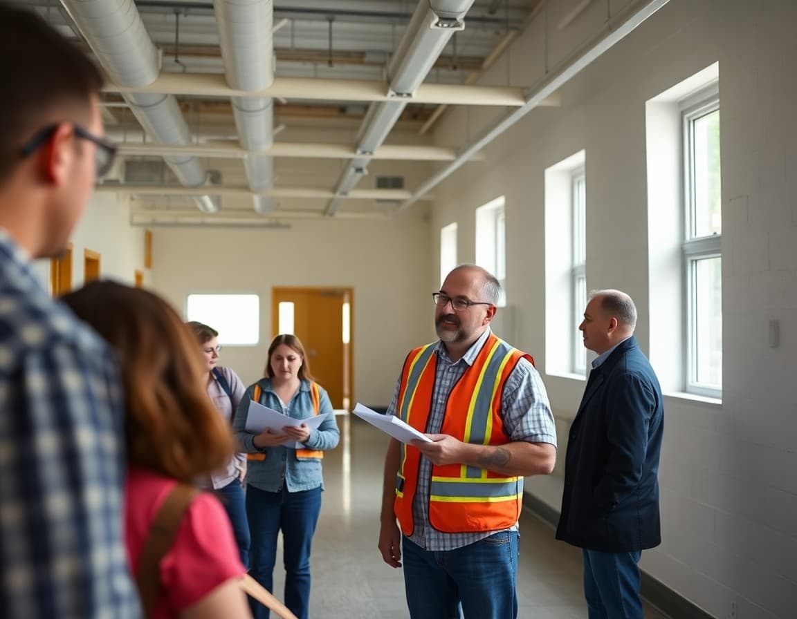 Facilities director showing community tour participants building systems and renovation needs during a school walk-through