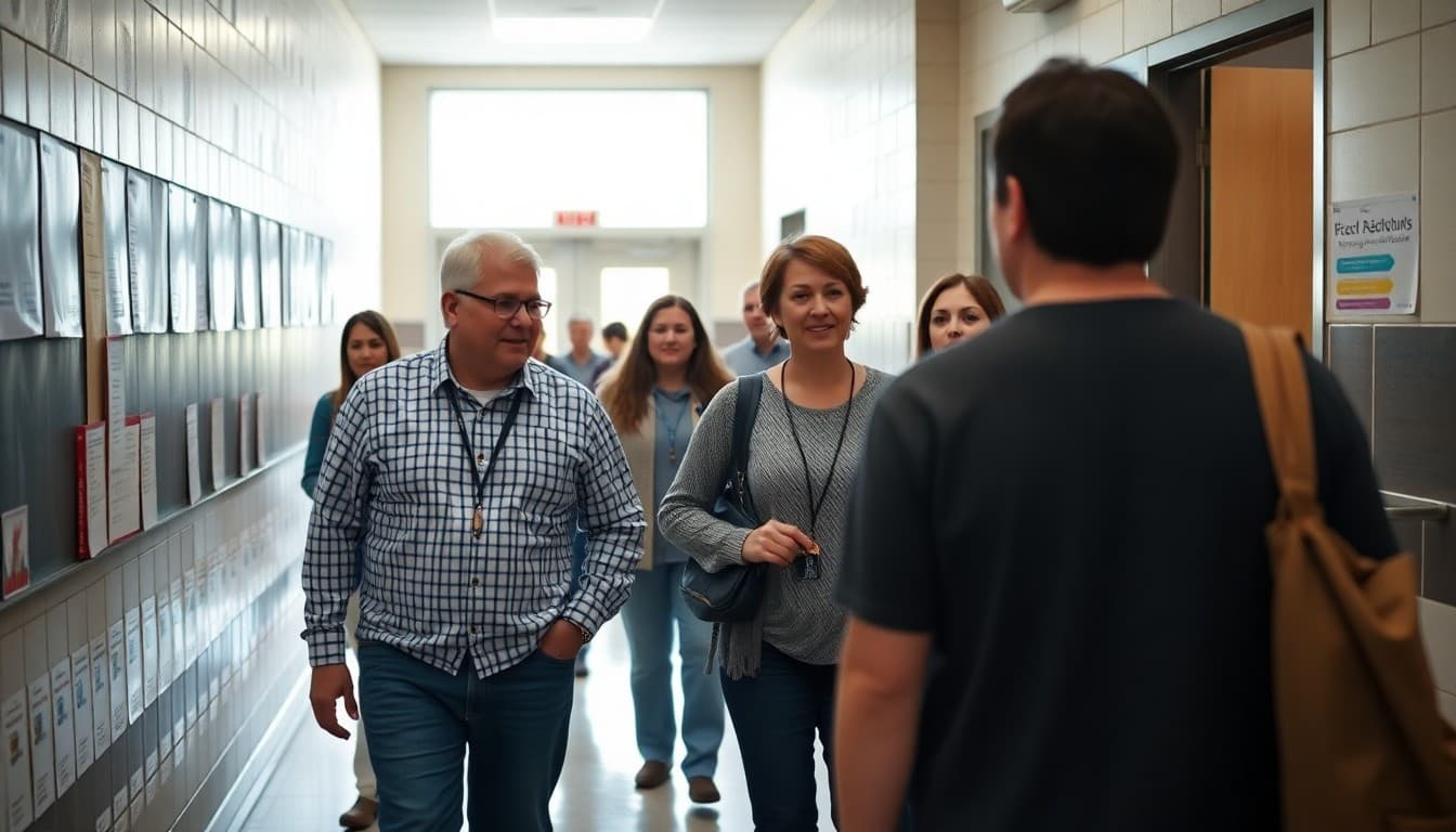 Community members and school board members walking through a school building during a district facilities tour