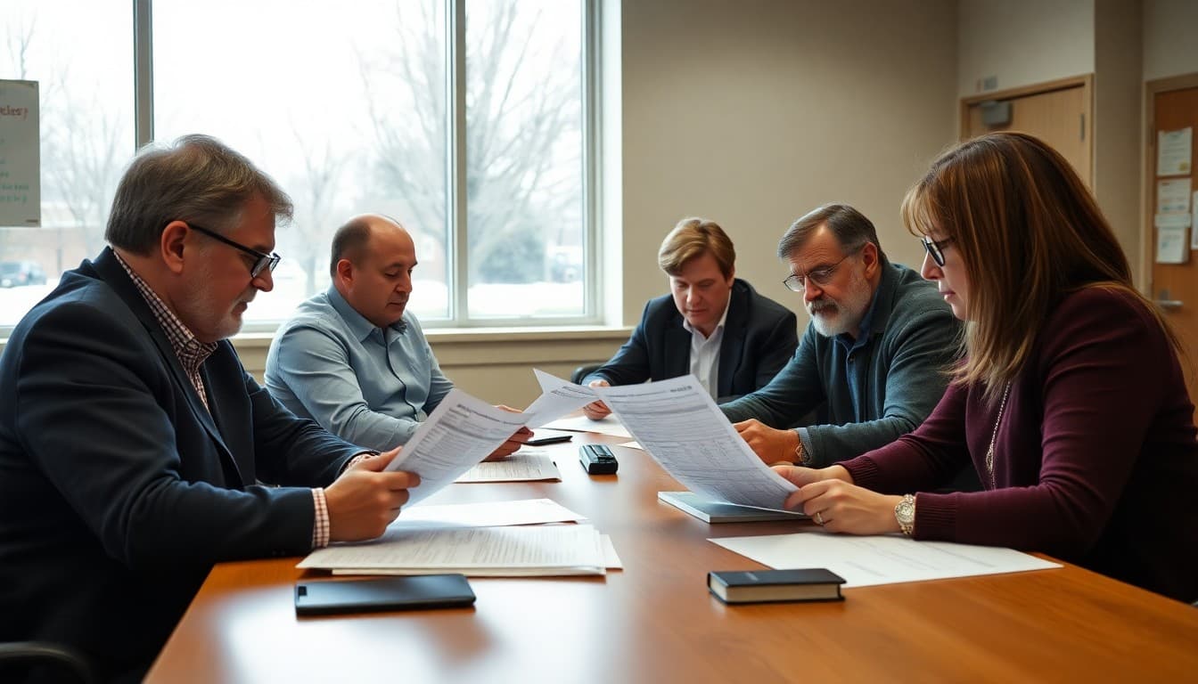 School board finance committee members reviewing budget spreadsheets at a meeting