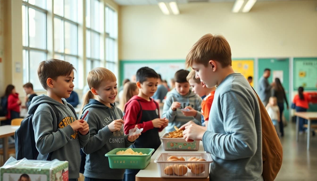 Students selecting lunch items in a bright school cafeteria