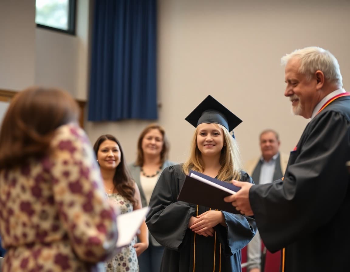 Graduate receiving diploma from school board chair at graduation ceremony with proud family members watching
