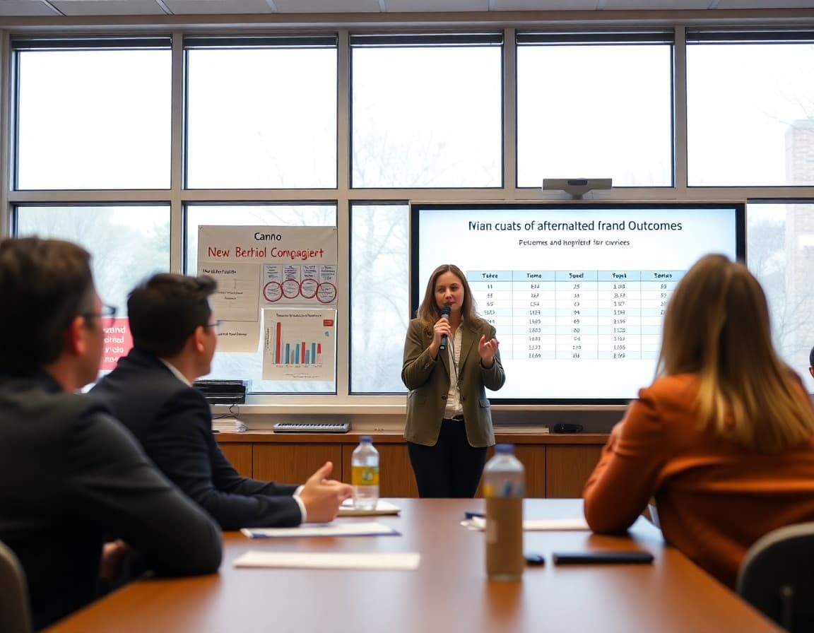 District grants coordinator presenting grant-funded program outcomes and accountability data at a school board meeting