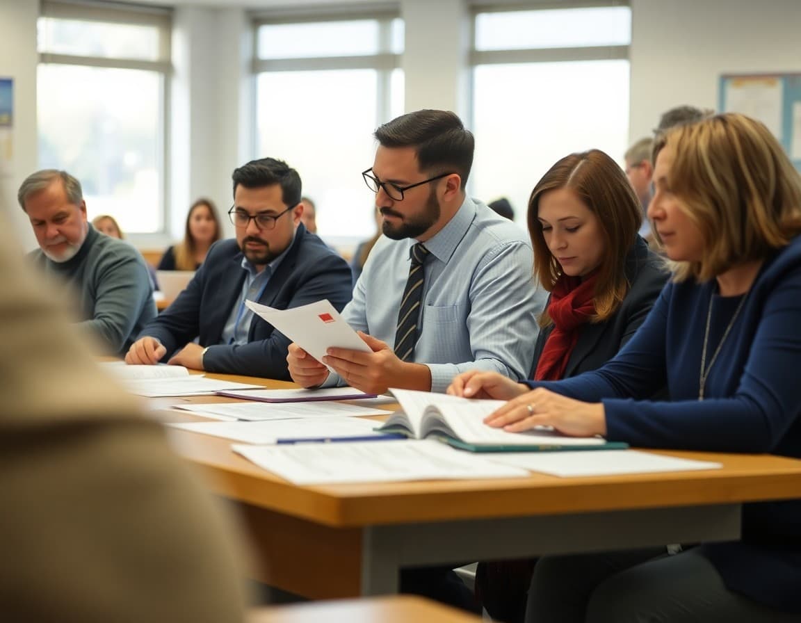 School board members reviewing contract ratification documents at a public meeting