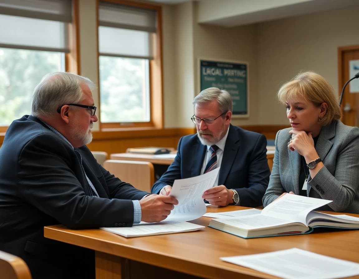 School board members reviewing legal update briefing documents at a board meeting