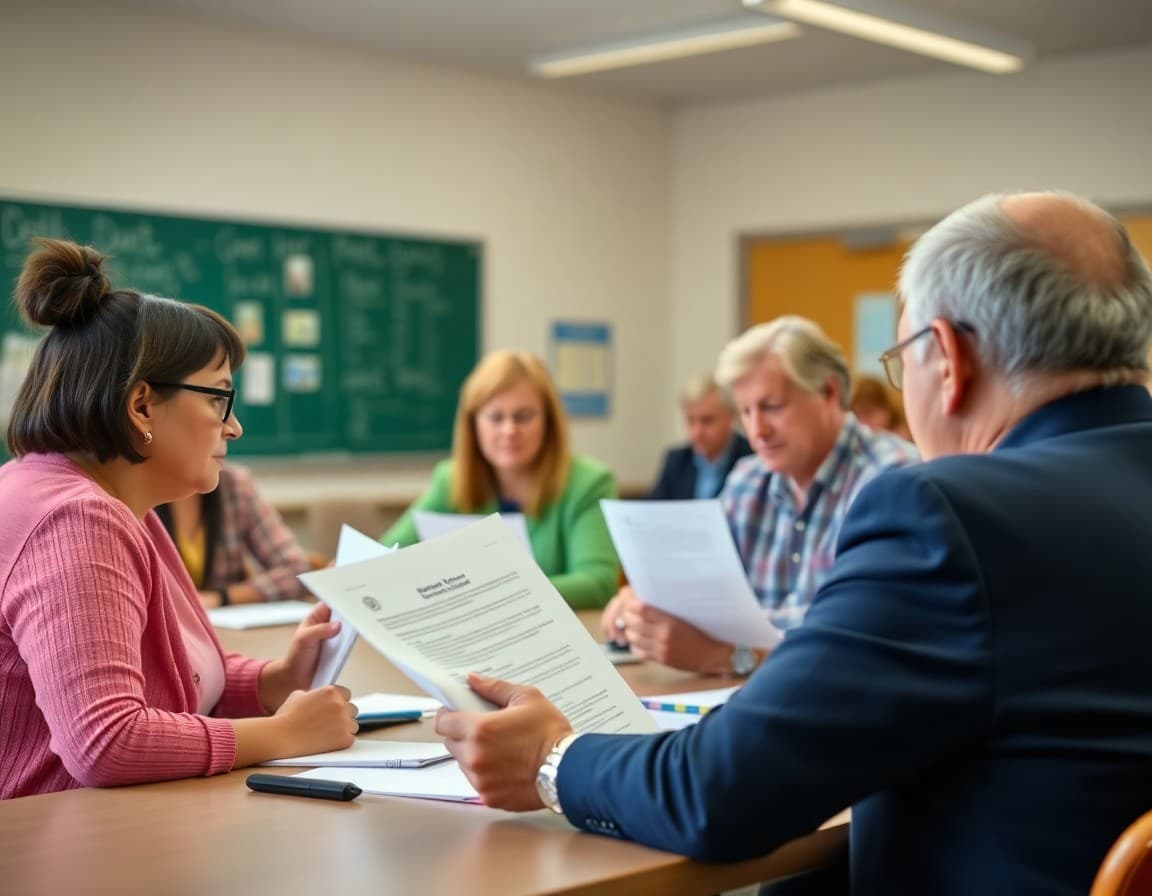 School board members reviewing public health guidance documents at a special board meeting
