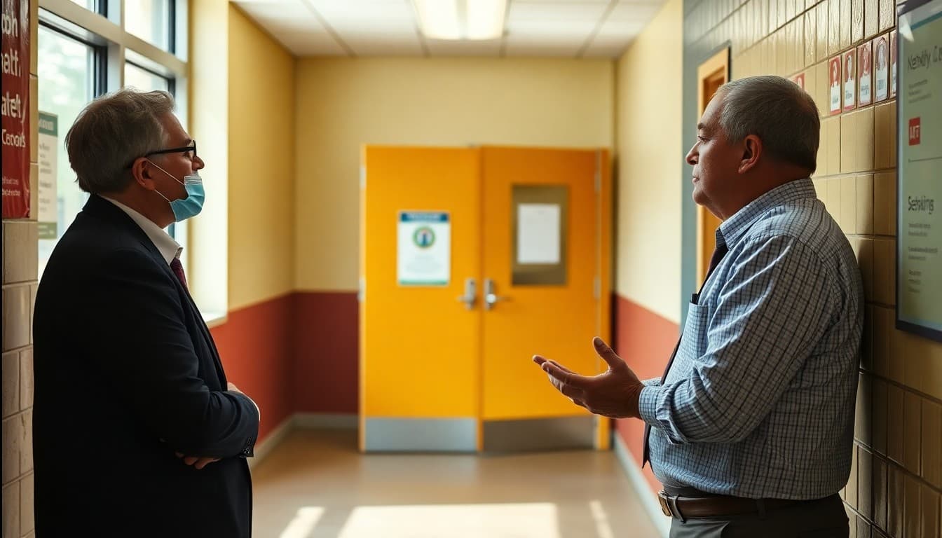 School administrator reviewing health safety protocols at a school entrance with signage visible