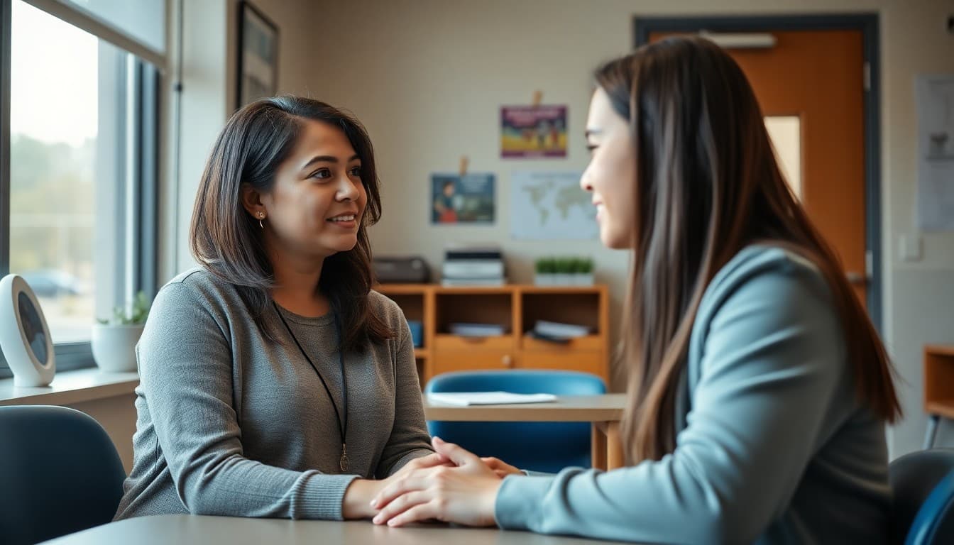 A school counselor speaking with a student in a calm, welcoming office