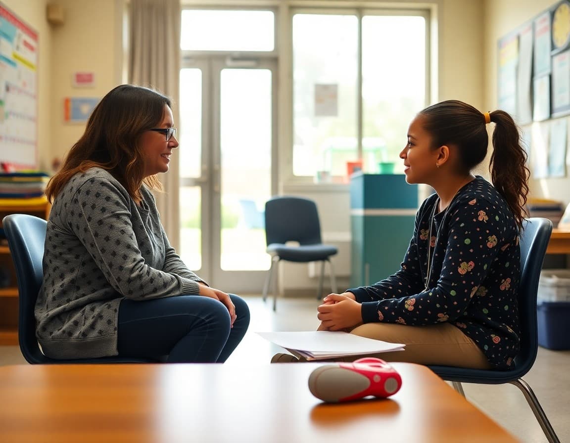 School counselor meeting with a student in a welcoming counseling office at an elementary school
