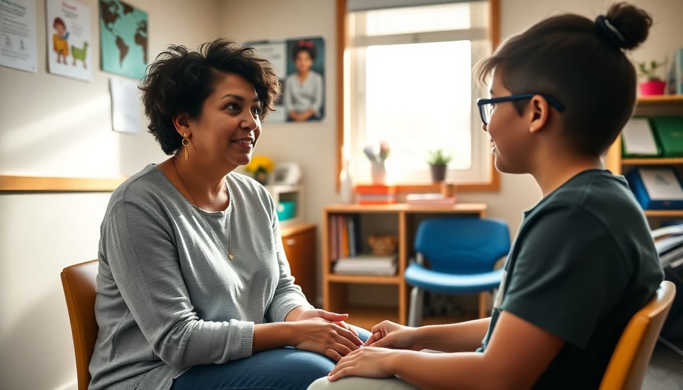 School counselor meeting with a student in a private counseling office with supportive decor and resources visible