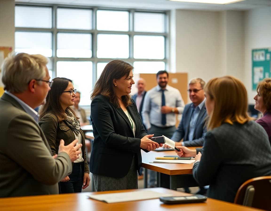School board members welcoming a new colleague during an orientation session with district leadership team