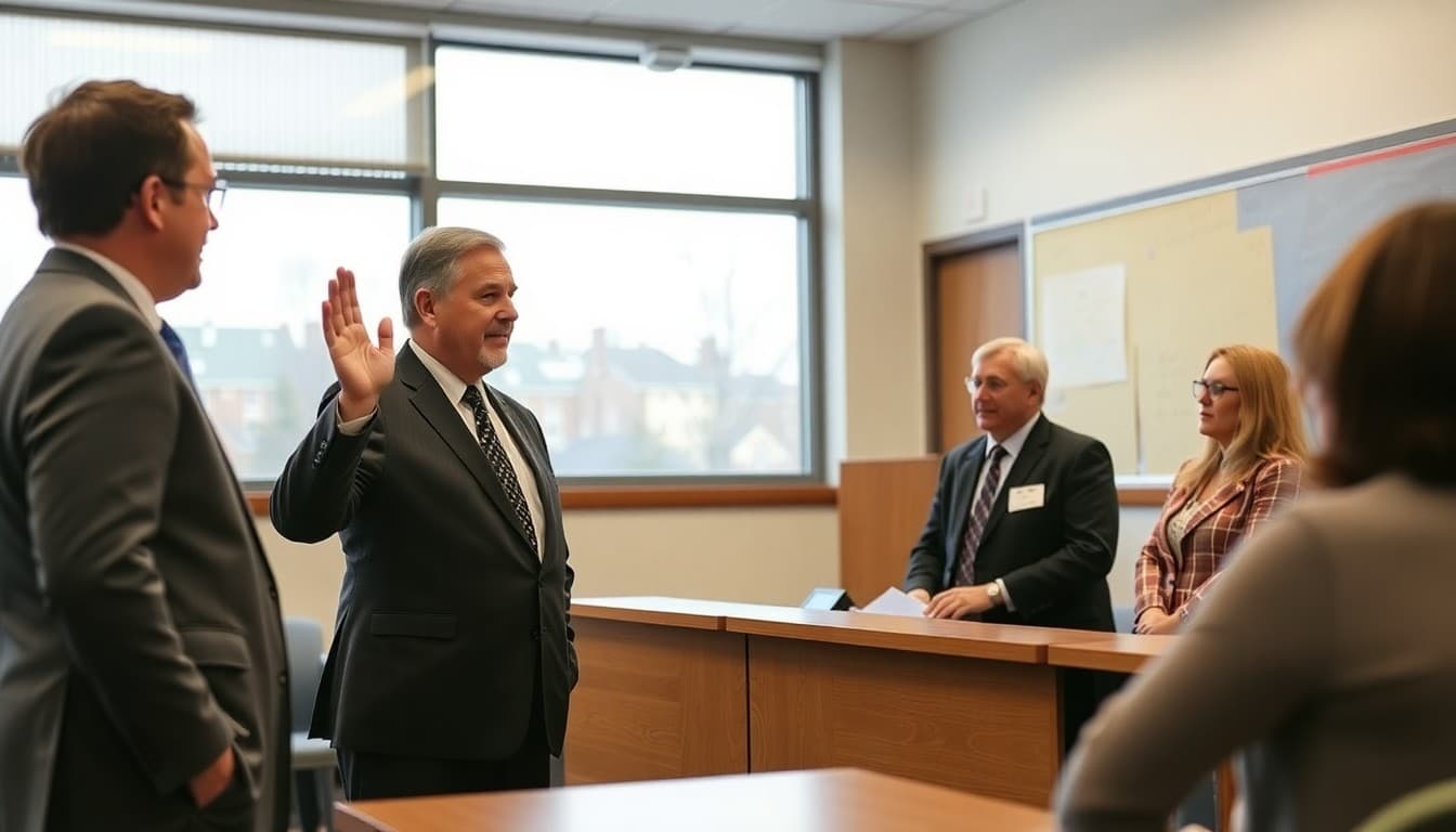 New school board president being sworn in at the reorganization meeting with fellow board members present
