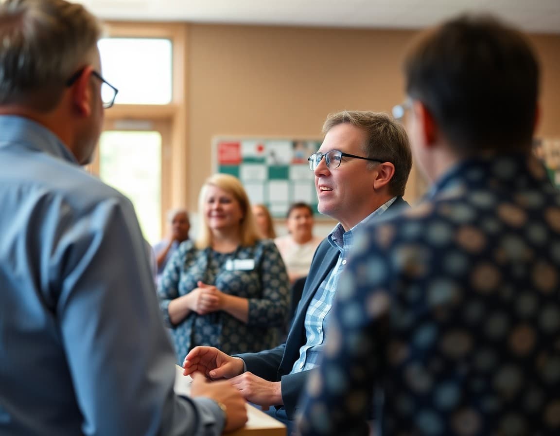 New school board member meeting with community members at a welcome reception after being seated