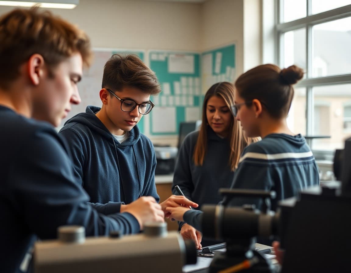 Students participating in a new career technical education program with equipment in a school lab setting