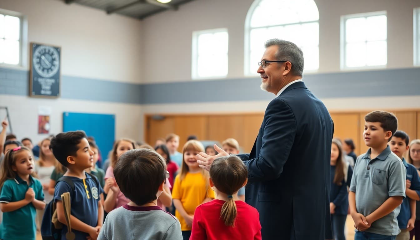 School principal introducing a new student program to excited students gathered in a school gymnasium