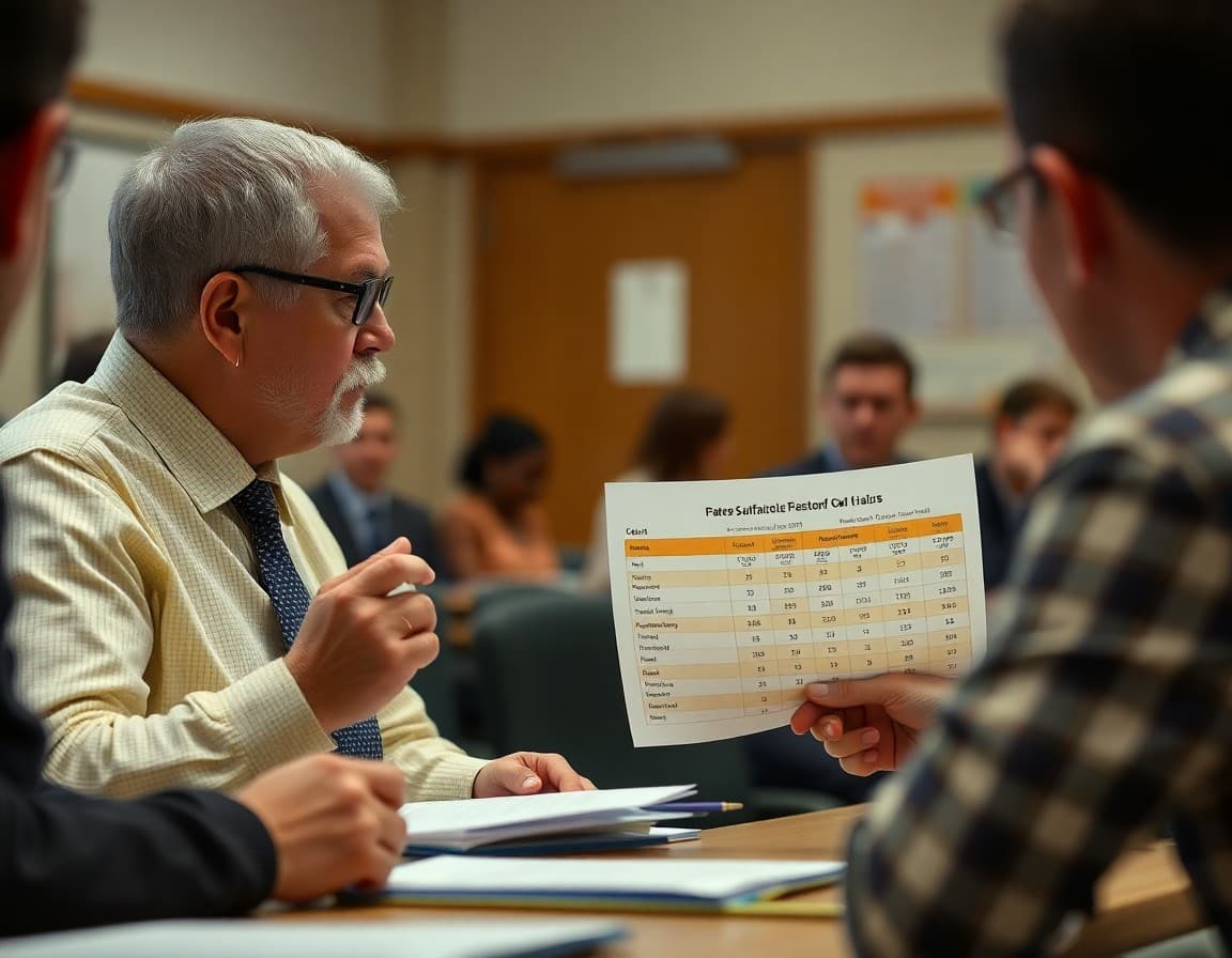 School board member reviewing parent satisfaction data charts at a public board meeting