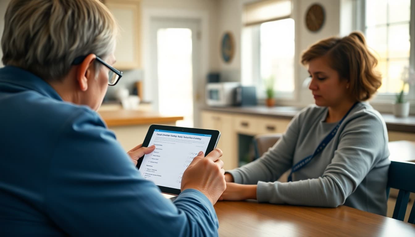 Parent completing a school district satisfaction survey on a tablet while sitting at a kitchen table