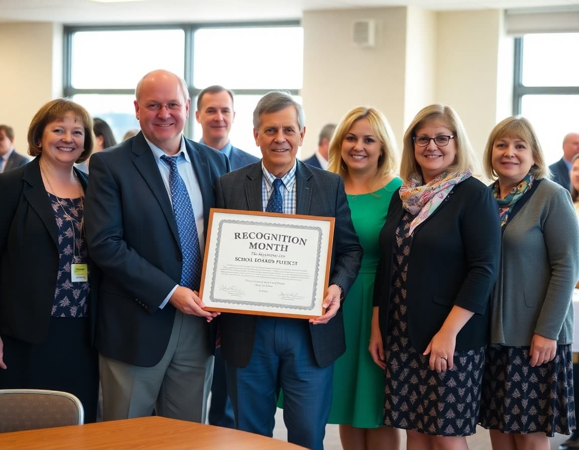 School board members posing with a Recognition Month proclamation at a community event