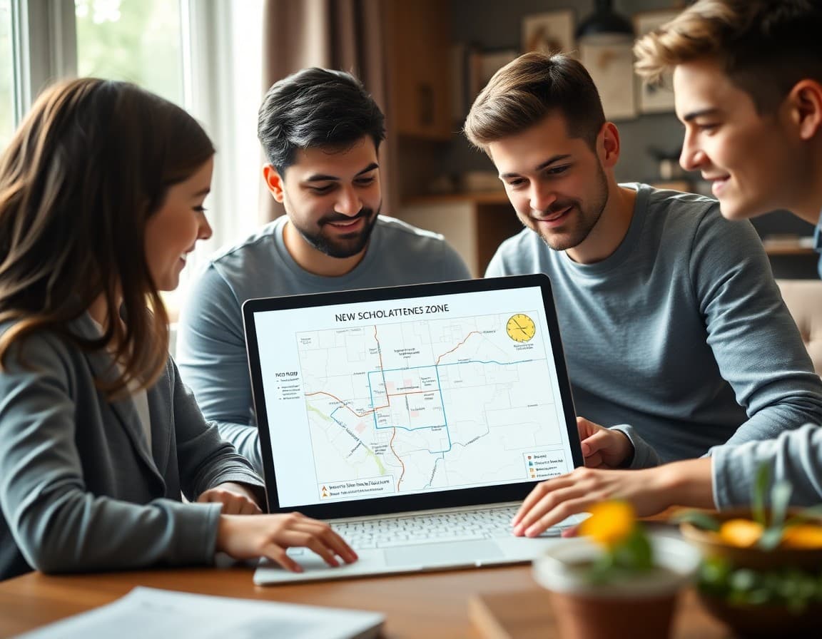 Family reviewing a new school attendance zone map at home on a laptop
