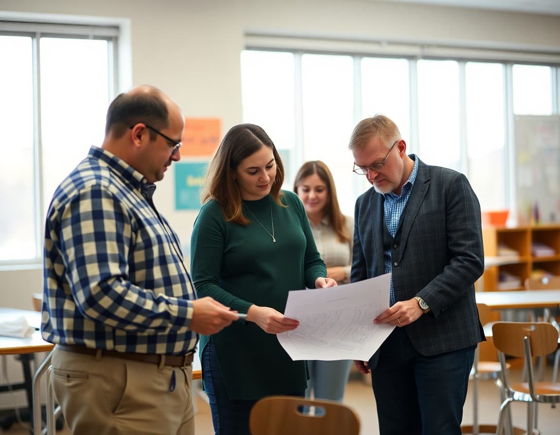 School safety committee members reviewing a written safety plan document