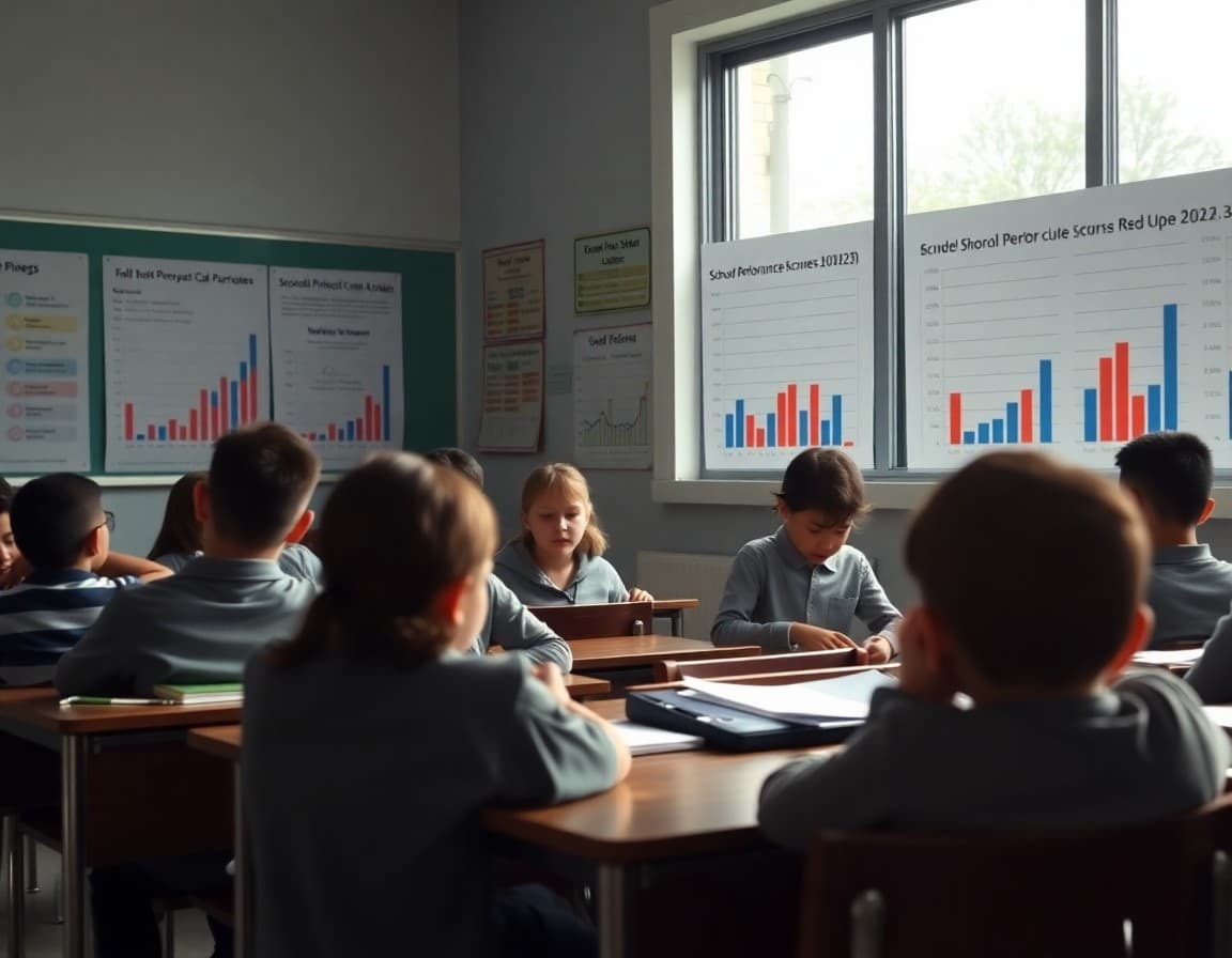 Charts and bar graphs showing school performance scores across a district