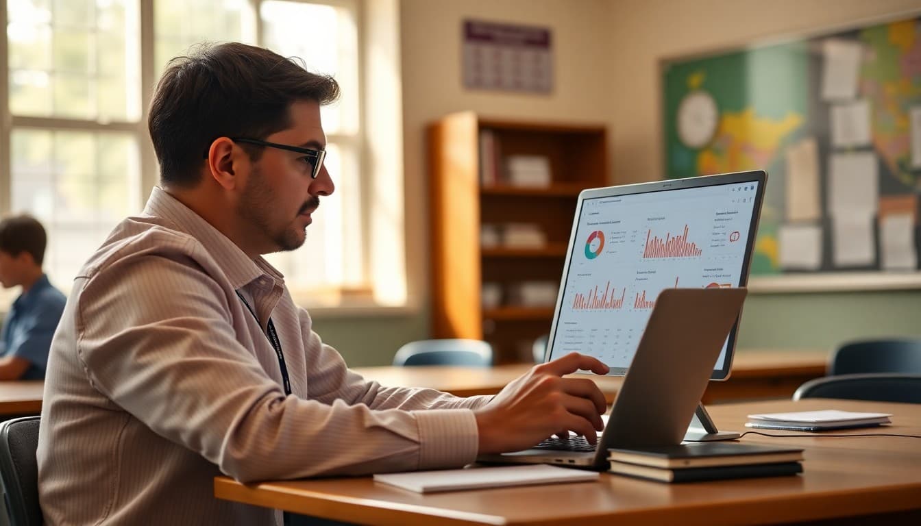 A district administrator reviewing school performance data on a laptop screen
