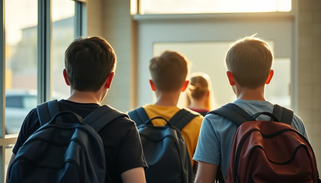 Middle school students arriving at school at the new later start time with backpacks in morning light