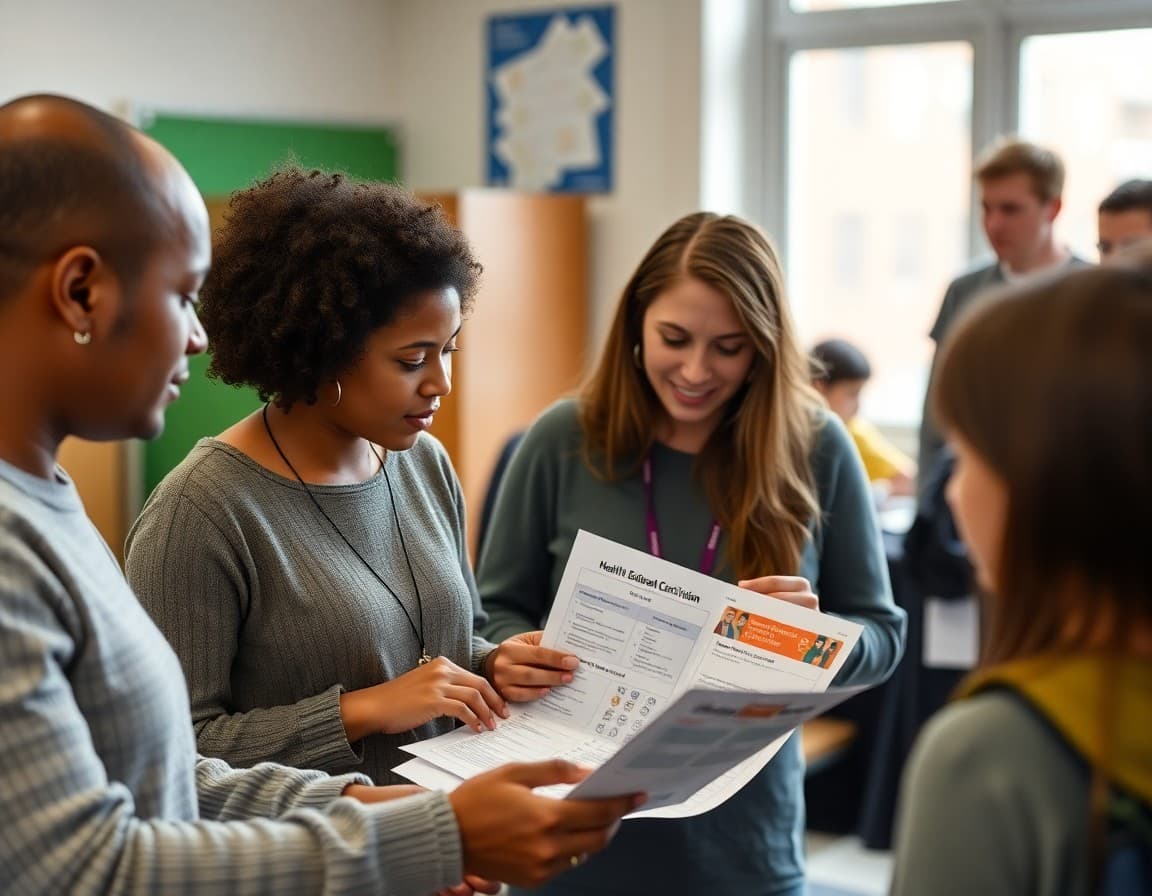 Parents reviewing health education curriculum materials at a school preview event with a staff member present