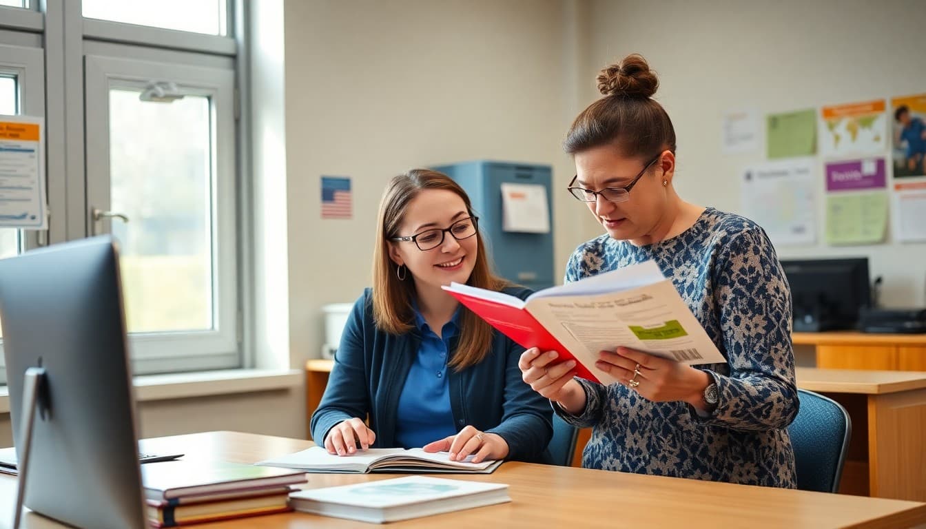 School health educator reviewing updated curriculum materials with a school counselor in an office