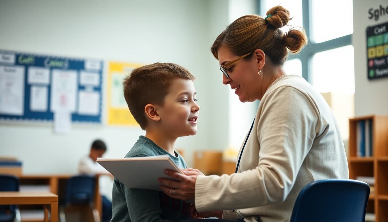 A special education teacher working one-on-one with a student in a resource room