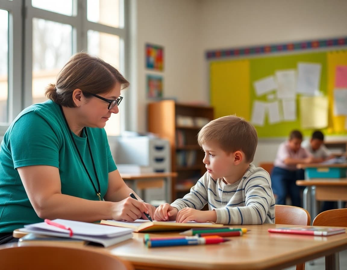 Special education teacher working one-on-one with a student in an inclusive classroom setting