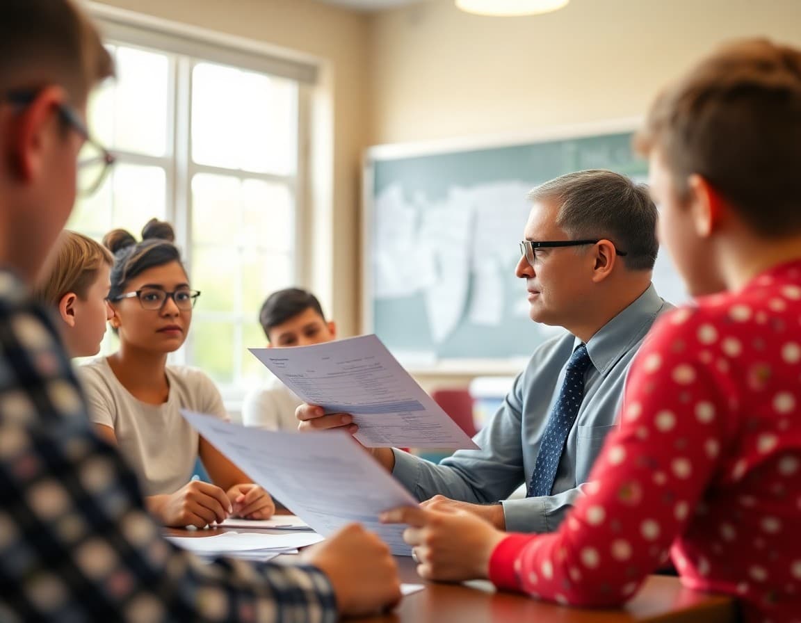 School principal reviewing the school's state report card with staff at a data analysis session