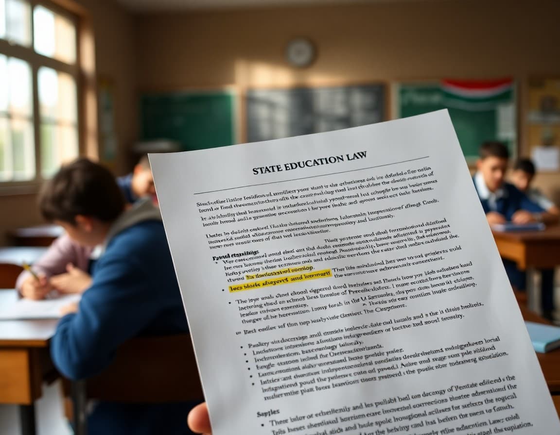 A printed state education law summary document with highlighted sections