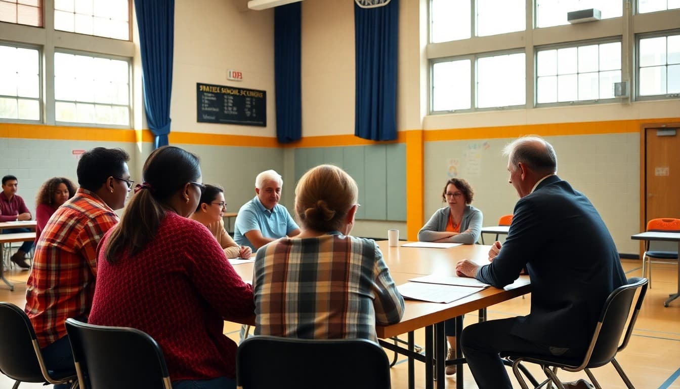 Community members participating in a strategic planning session at a school gymnasium with facilitators