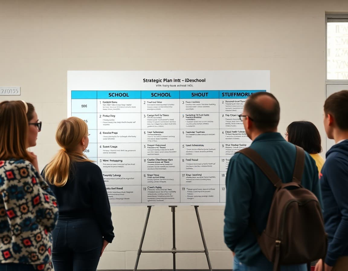 Strategic plan goals displayed on a large poster with community members reviewing them at a school event
