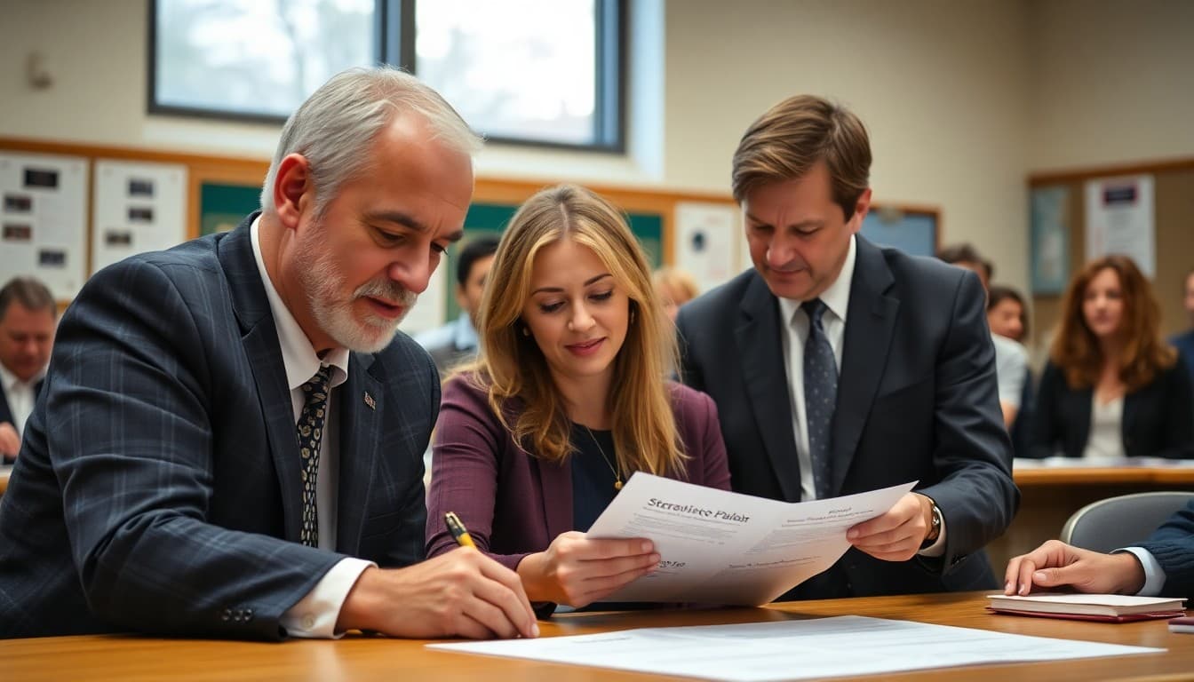 School board members signing a newly approved strategic plan document at a public meeting