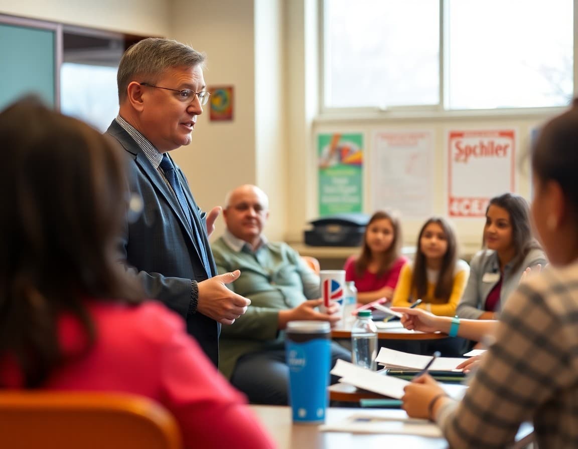 District superintendent presenting annual strategic priorities and progress metrics to families at a community forum