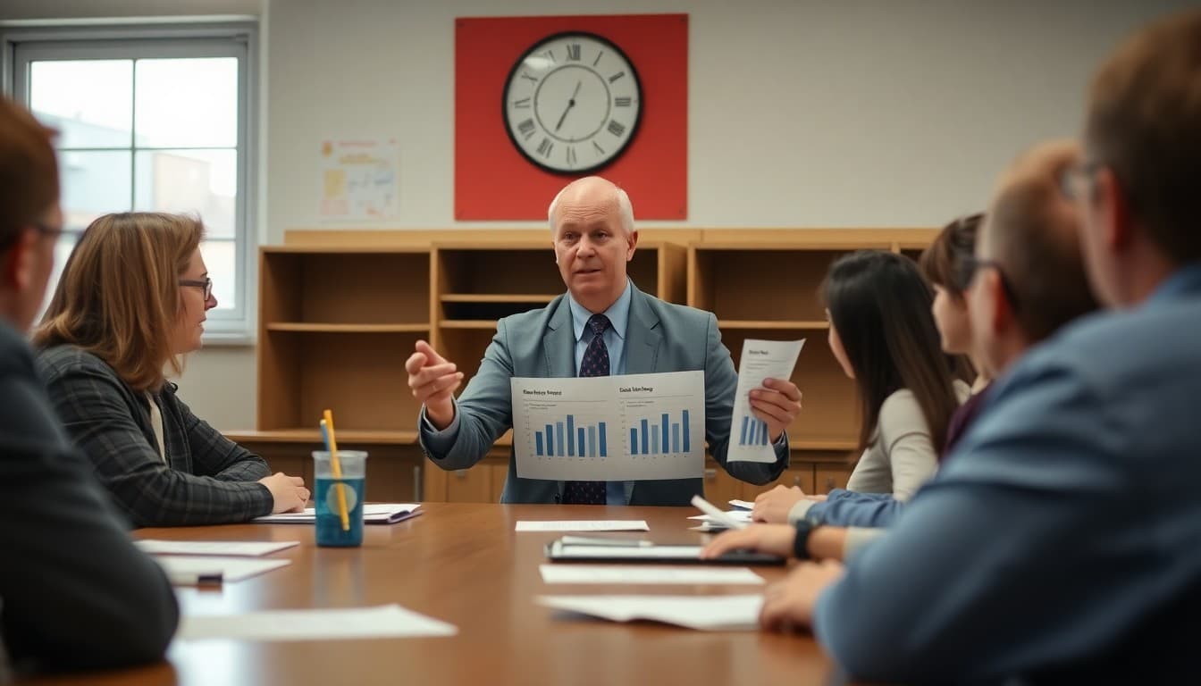 A superintendent presenting student performance data charts to a school board