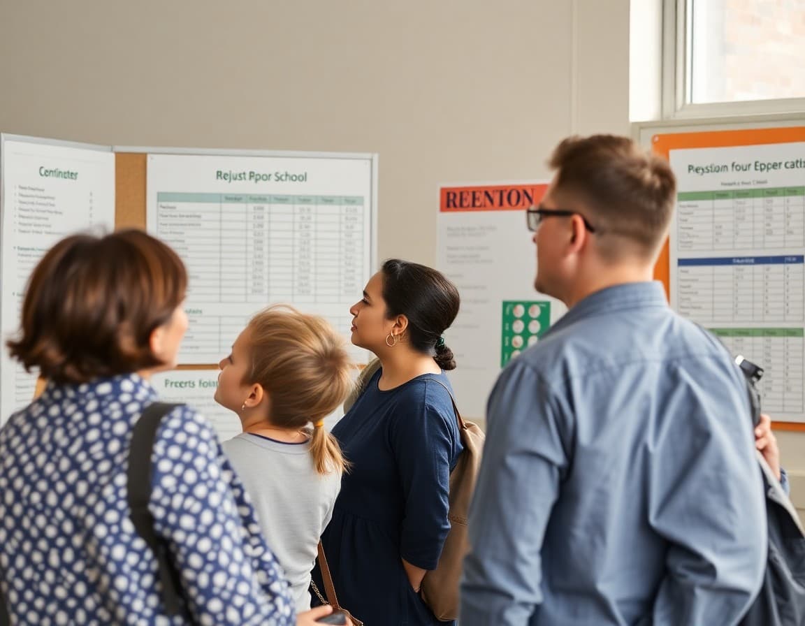 Families reviewing school report card data displayed on a community information board at a school event