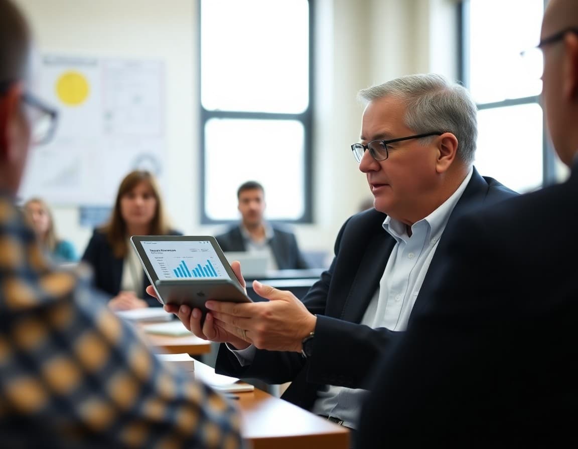 School board member reviewing student performance dashboards on a tablet during a data presentation session